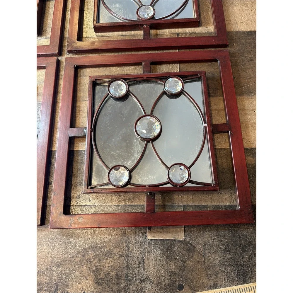 Set of 4 Vintage Gothic Wall Mirrors Red Metal Geometric Jeweled Window Panels
